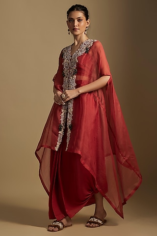 Deep Orange Organza Maal & Dori Work Jacket Set by Prisho