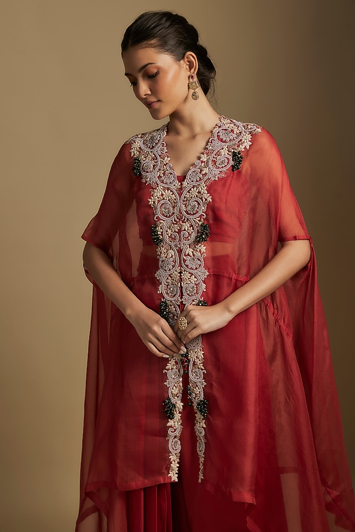 Deep Orange Organza Maal & Dori Work Jacket Set by Prisho at Pernia's Pop Up Shop