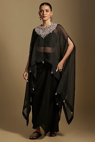 Black Organza Maal & Dori Work A-Line Kaftan Set by Prisho