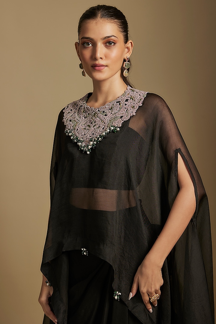 Black Organza Maal & Dori Work A-Line Kaftan Set by Prisho at Pernia's Pop Up Shop