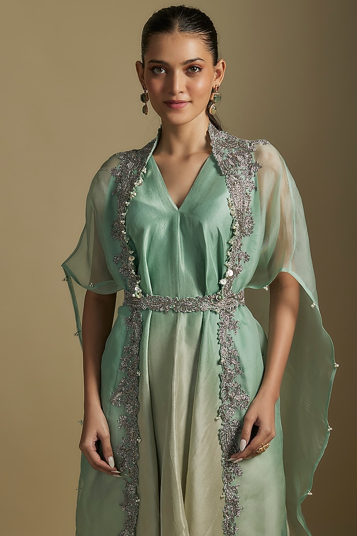Aqua Organza Maal Work Cape Set by Prisho at Pernia's Pop Up Shop