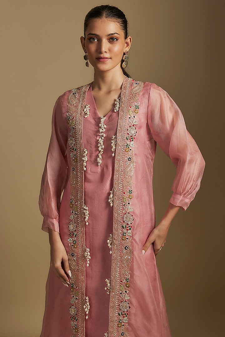 Dark Flamingo Pink Organza Dori Work Jacket Set by Prisho at Pernia's Pop Up Shop