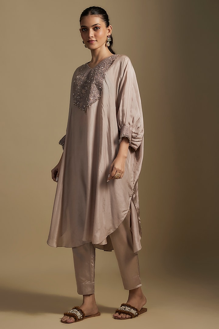 Champagne Habutai Silk Resham Work Kaftan Set by Prisho at Pernia's Pop Up Shop