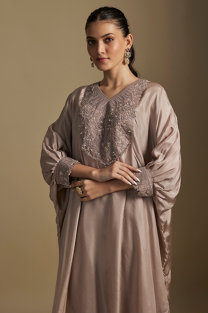 Champagne Habutai Silk Resham Work Kaftan Set by Prisho at Pernia's Pop Up Shop