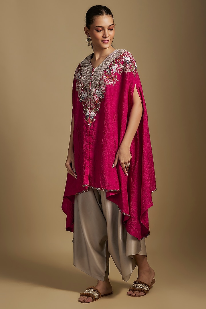 Red Crushed Silk Thread Work Kaftan Set by Prisho at Pernia's Pop Up Shop