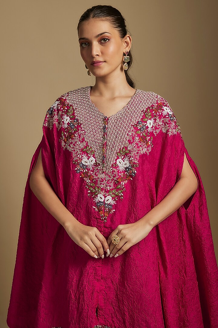 Red Crushed Silk Thread Work Kaftan Set by Prisho at Pernia's Pop Up Shop