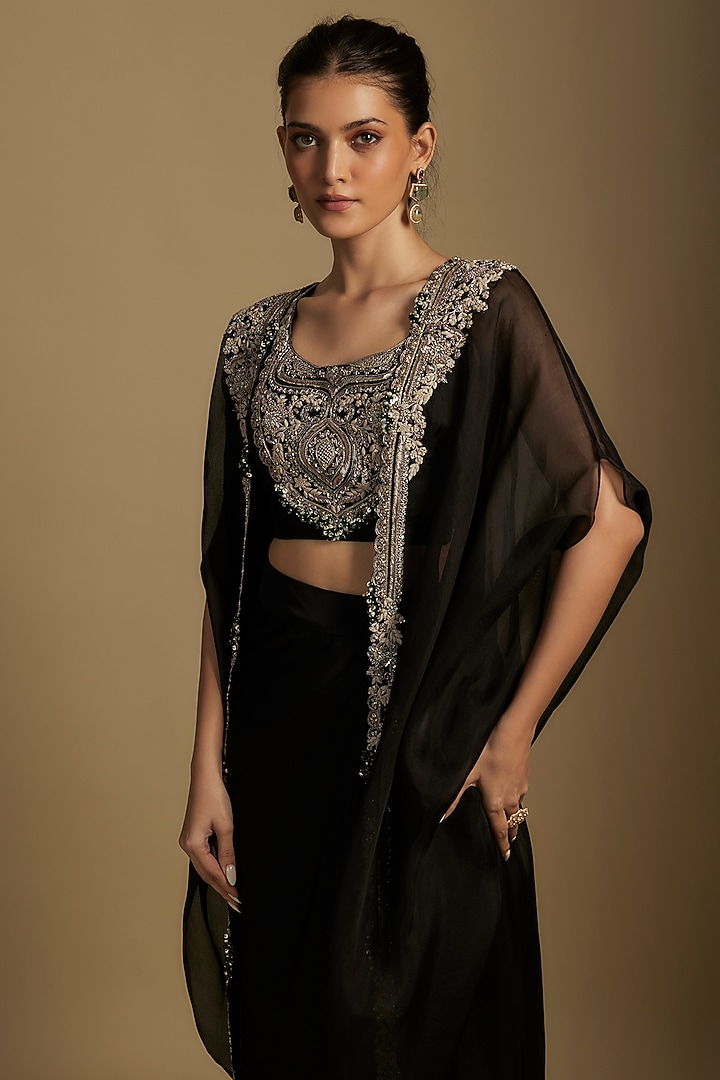 Black Organza Maal Work Cape Set by Prisho at Pernia's Pop Up Shop