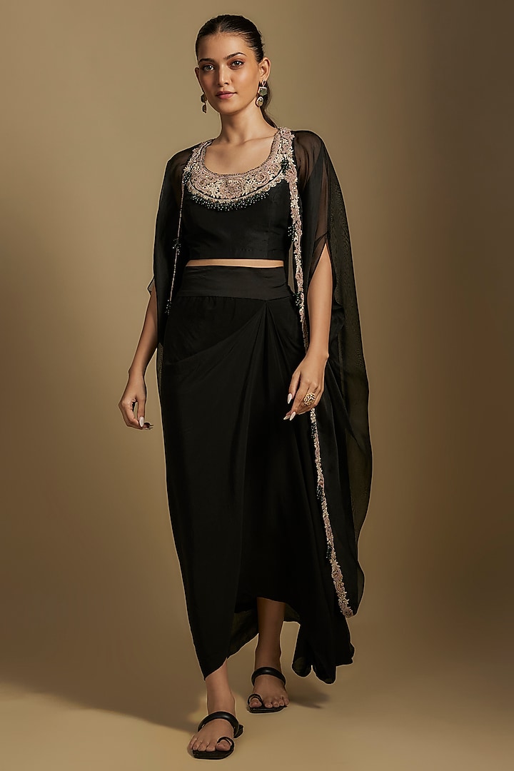 Black Organza Maal & Dori Work Cape Set by Prisho at Pernia's Pop Up Shop