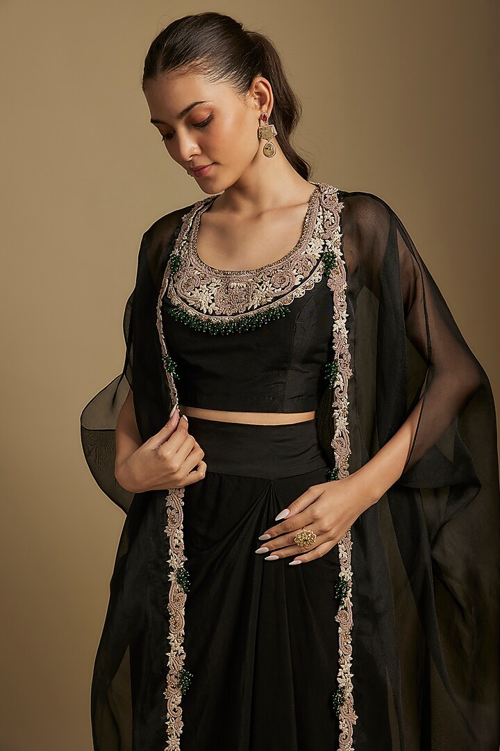 Black Organza Maal & Dori Work Cape Set by Prisho at Pernia's Pop Up Shop