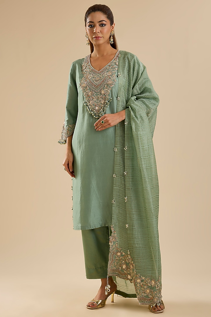 Aqua Dupion Silk Kurta Set by Prisho at Pernia's Pop Up Shop