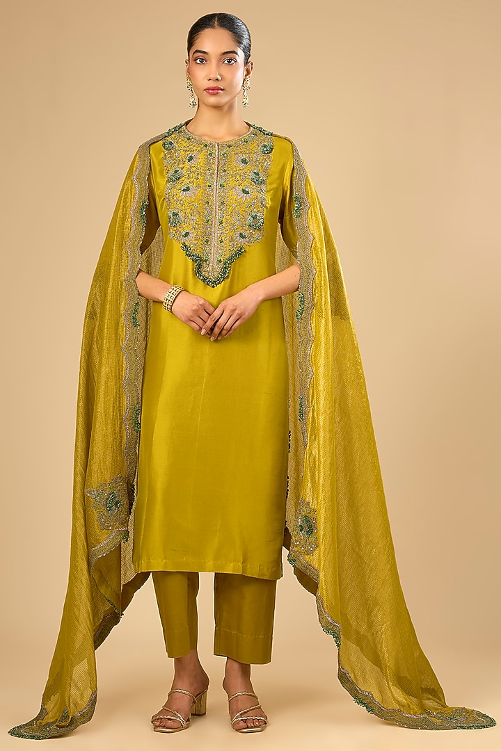 Mustard Dupion Silk Kurta Set by Prisho at Pernia's Pop Up Shop