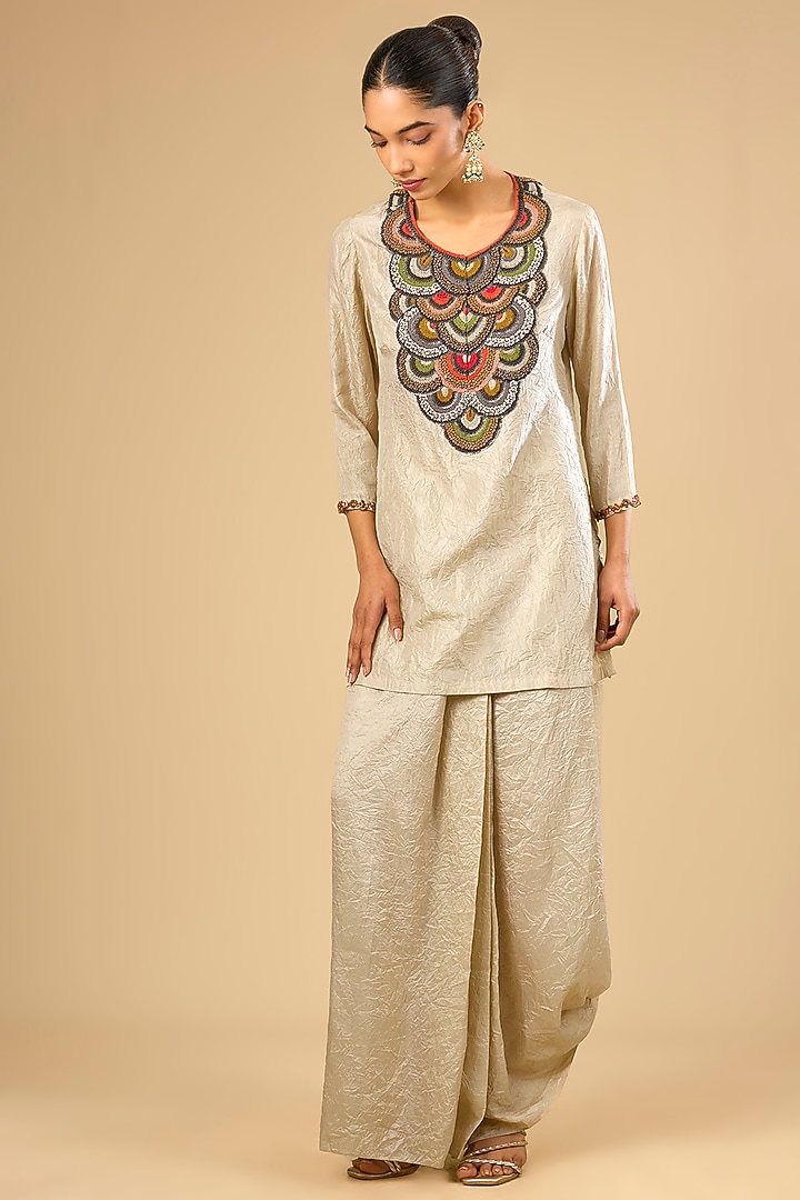 Ivory Crushed Paper Silk Skirt Set by Prisho at Pernia's Pop Up Shop