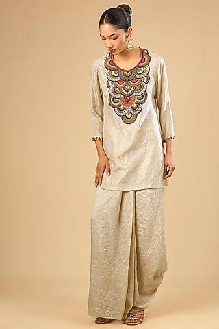 Ivory Crushed Paper Silk Skirt Set by Prisho
