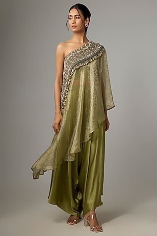 Sea Green Crushed Tissue Thread Work Tunic Set by Prisho