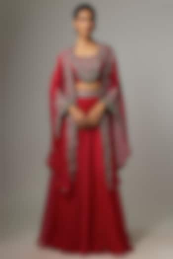 Cherry Red Organza Applique Work Skirt Set by Prisho at Pernia's Pop Up Shop