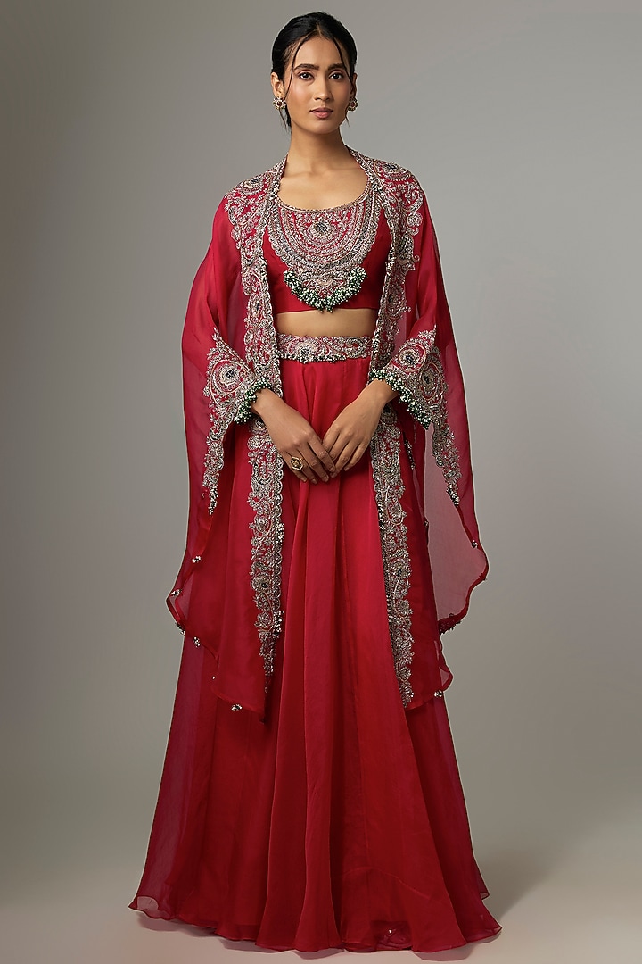 Cherry Red Organza Applique Work Skirt Set by Prisho at Pernia's Pop Up Shop