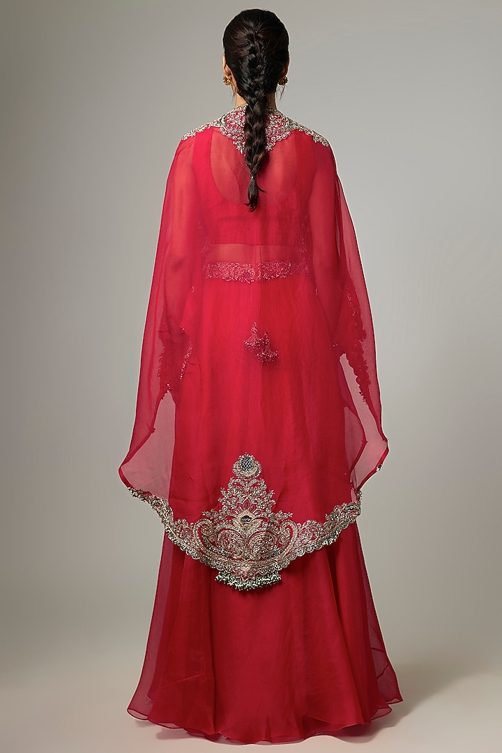 Cherry Red Organza Applique Work Skirt Set by Prisho at Pernia's Pop Up Shop