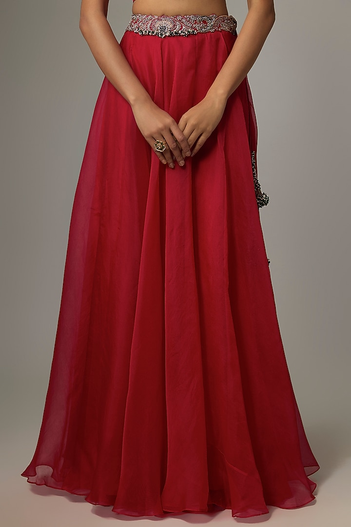 Cherry Red Organza Applique Work Skirt Set by Prisho at Pernia's Pop Up Shop