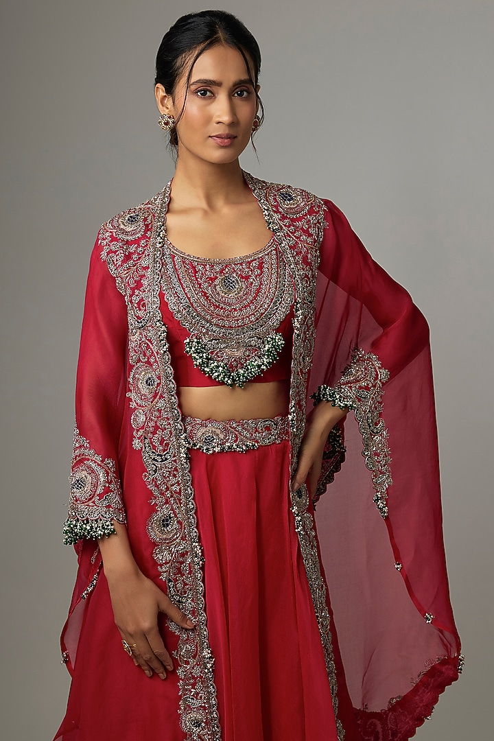 Cherry Red Organza Applique Work Skirt Set by Prisho at Pernia's Pop Up Shop