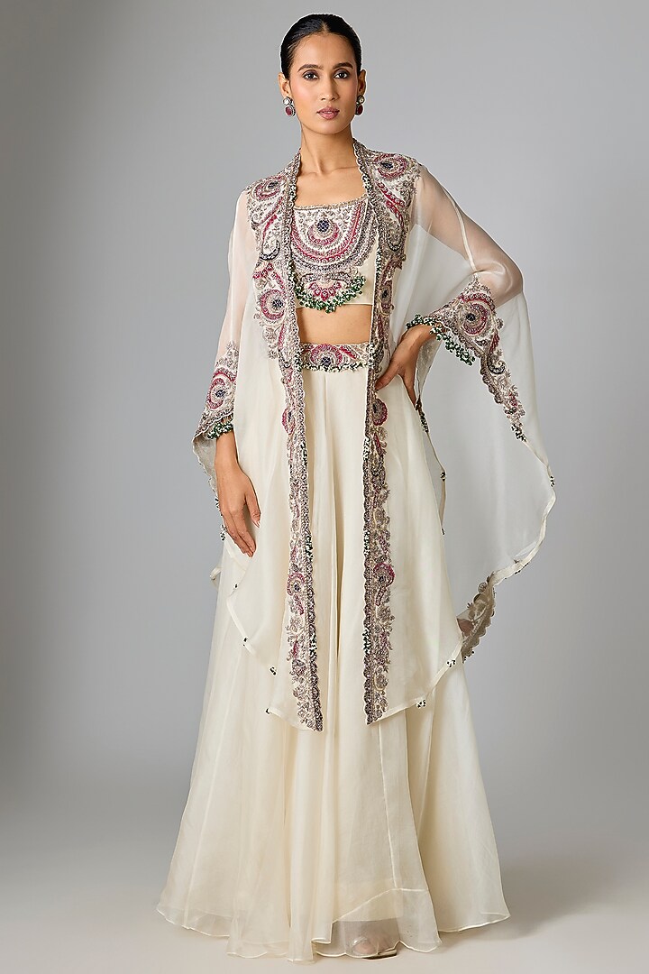 Ivory Silk Applique Work Skirt Set by Prisho at Pernia's Pop Up Shop