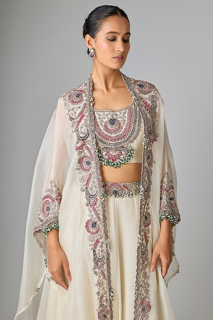 Ivory Silk Applique Work Skirt Set by Prisho at Pernia's Pop Up Shop