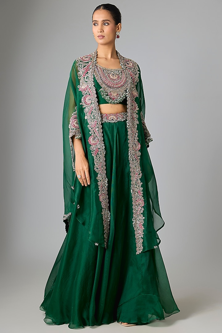 Bottle Green Silk Applique Embroidered Cape Set by Prisho at Pernia's Pop Up Shop