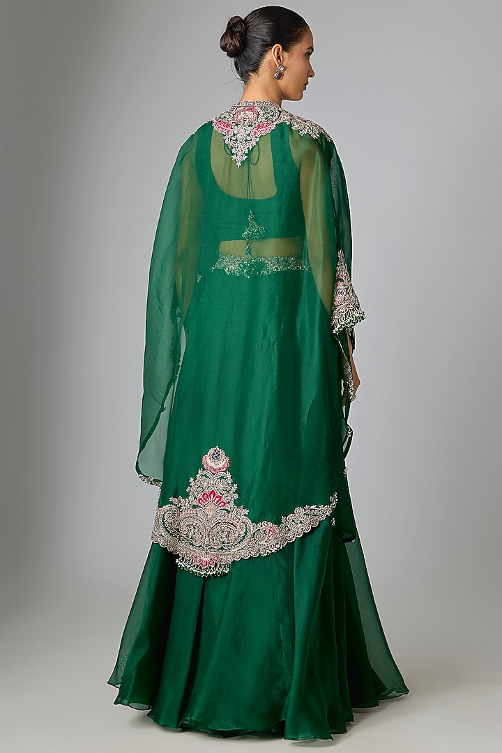 Bottle Green Silk Applique Embroidered Cape Set by Prisho at Pernia's Pop Up Shop