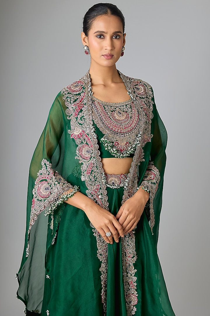 Bottle Green Silk Applique Embroidered Cape Set by Prisho at Pernia's Pop Up Shop