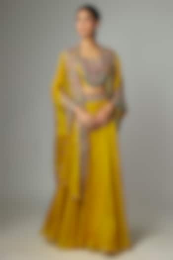 Mustard Organza Applique Work Skirt Set by Prisho at Pernia's Pop Up Shop