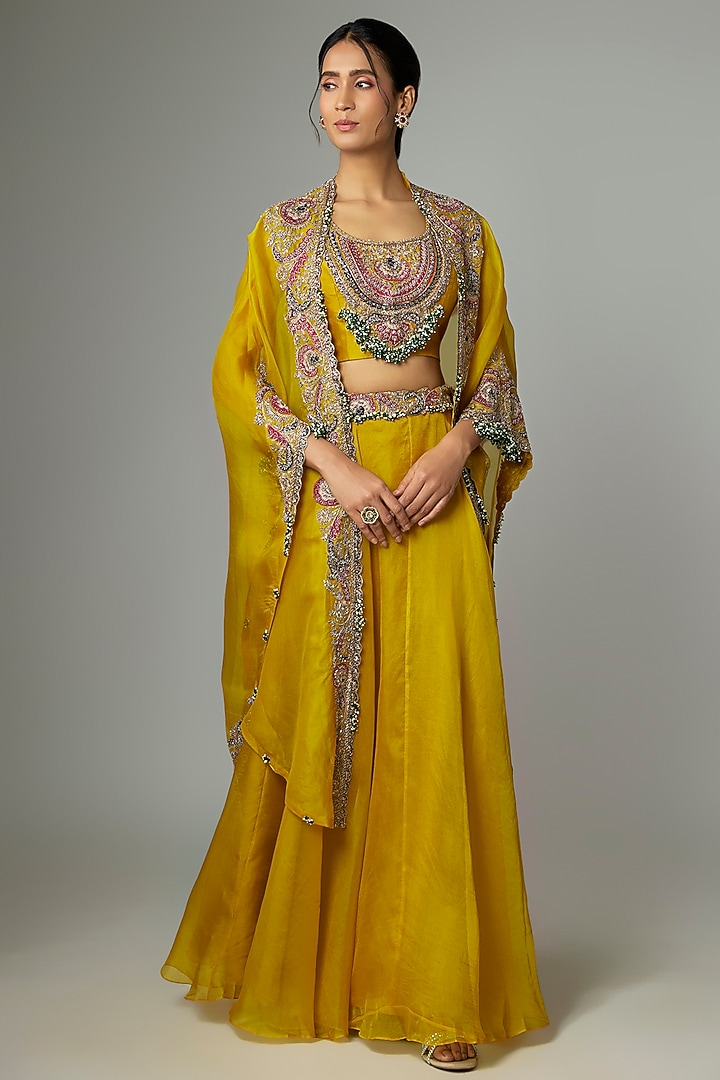 Mustard Organza Applique Work Skirt Set by Prisho at Pernia's Pop Up Shop