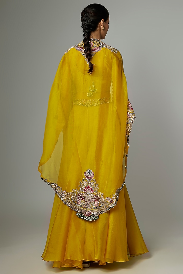 Mustard Organza Applique Work Skirt Set by Prisho at Pernia's Pop Up Shop