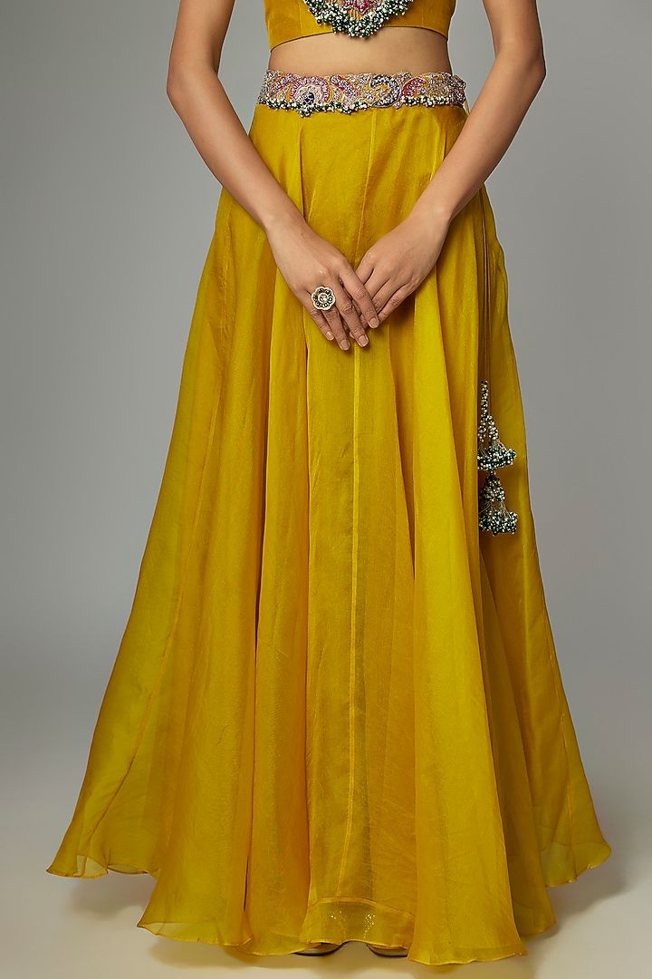 Mustard Organza Applique Work Skirt Set by Prisho at Pernia's Pop Up Shop