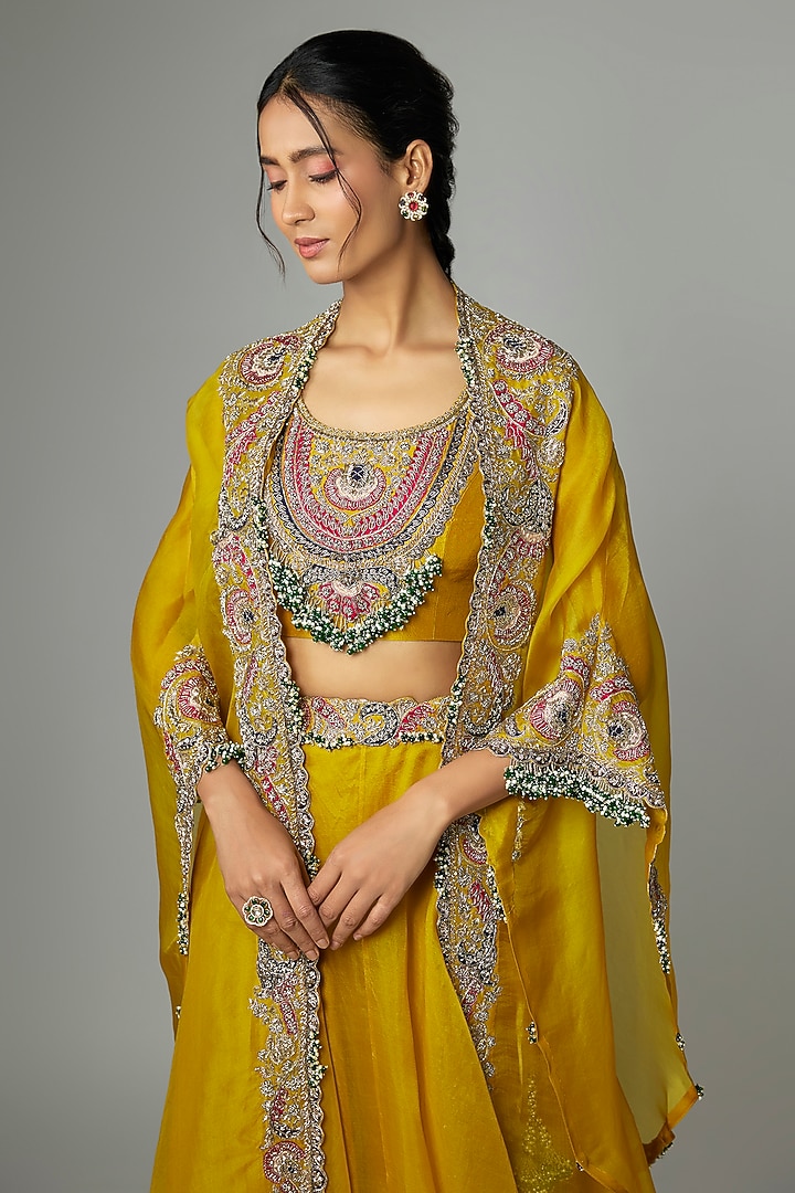 Mustard Organza Applique Work Skirt Set by Prisho at Pernia's Pop Up Shop