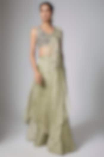 Aqua Silk & Tissue Mukaish Work Draped Skirt Set by Prisho at Pernia's Pop Up Shop