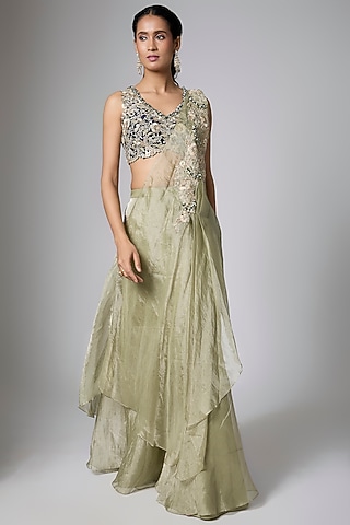 Aqua Silk & Tissue Mukaish Work Draped Skirt Set by Prisho