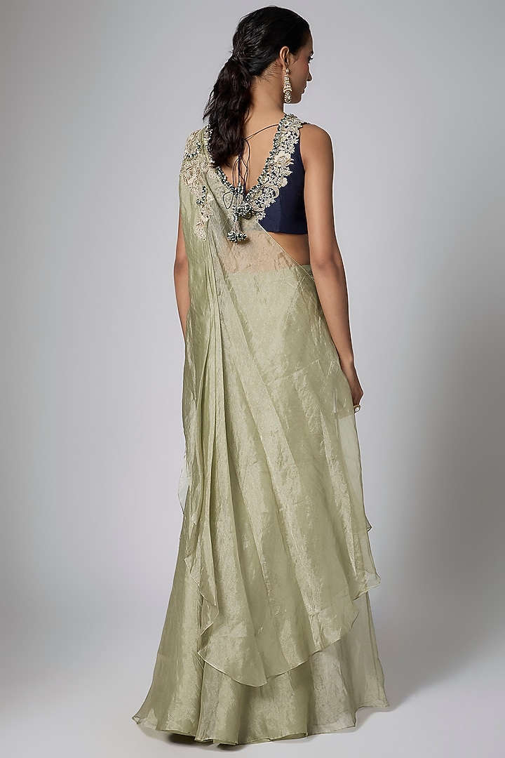 Aqua Silk & Tissue Mukaish Work Draped Skirt Set by Prisho at Pernia's Pop Up Shop