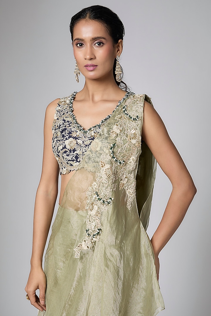 Aqua Silk & Tissue Mukaish Work Draped Skirt Set by Prisho at Pernia's Pop Up Shop