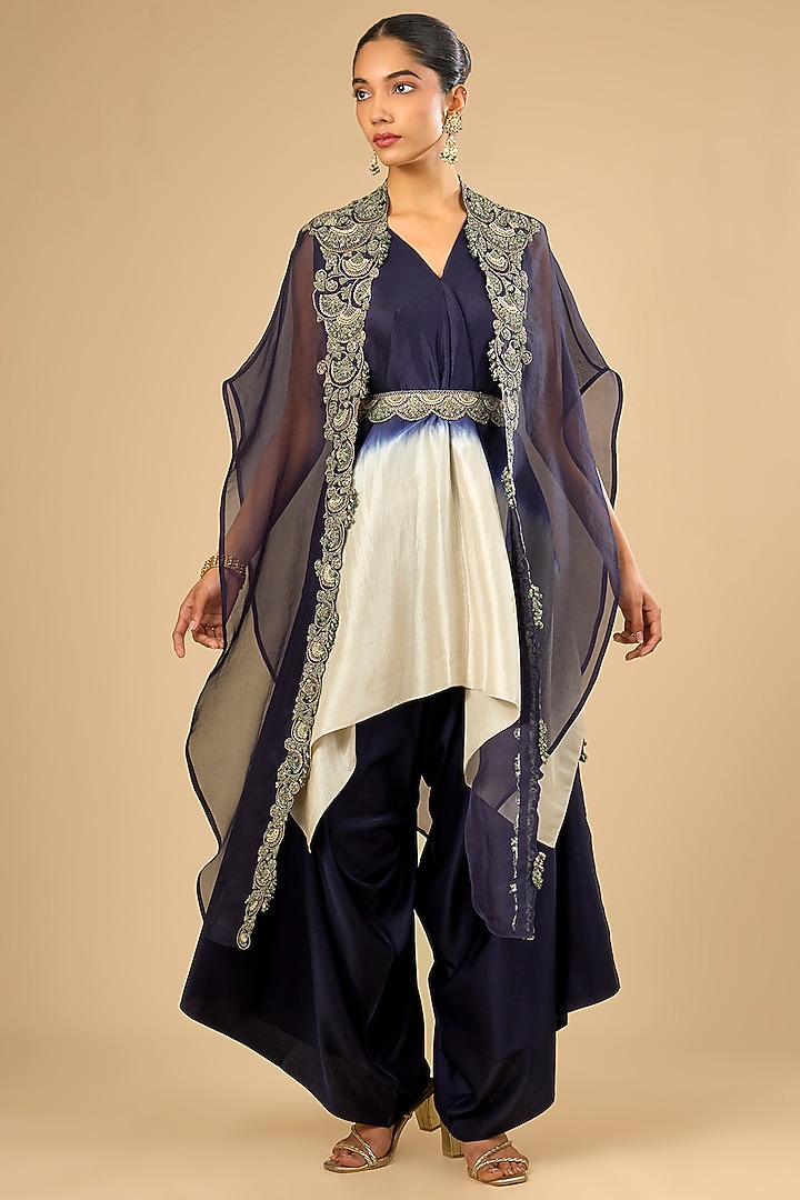 Royal Blue Dupion Silk Cape Set by Prisho at Pernia's Pop Up Shop