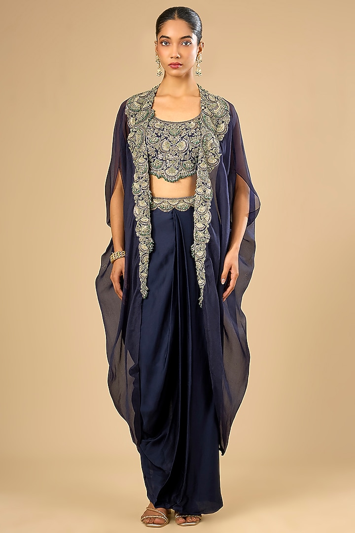 Royal Blue Dupion Silk Cape Set by Prisho at Pernia's Pop Up Shop