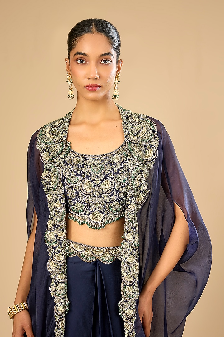 Royal Blue Dupion Silk Cape Set by Prisho at Pernia's Pop Up Shop