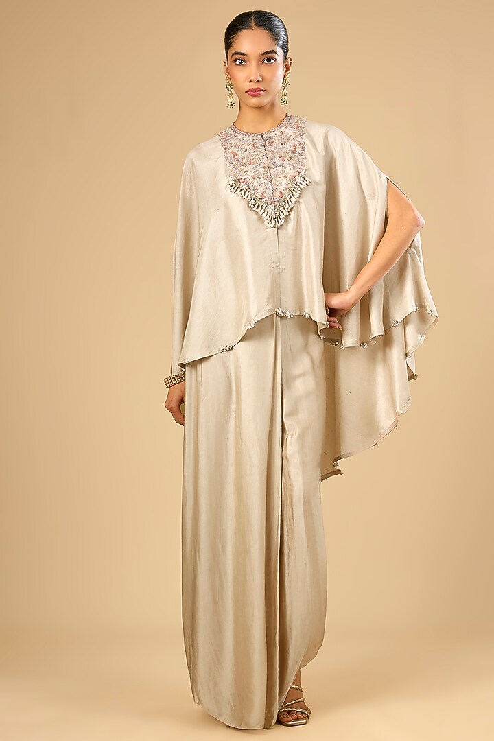 Deep Ivory Dupion Silk Kaftan Set by Prisho at Pernia's Pop Up Shop