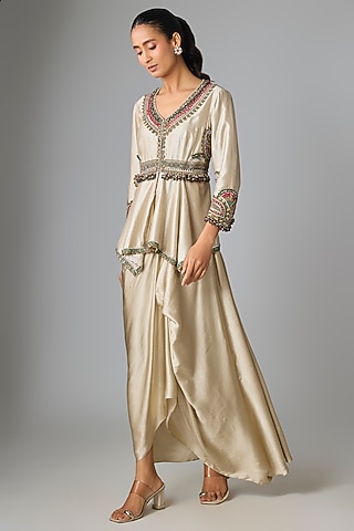 Smoke-Colored Modal Satin Thread Work Skirt Set by Prisho