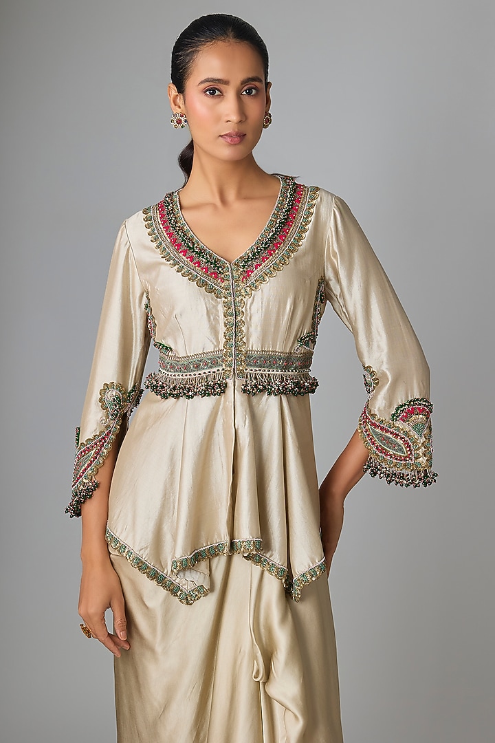 Smoke-Colored Modal Satin Thread Work Skirt Set by Prisho at Pernia's Pop Up Shop
