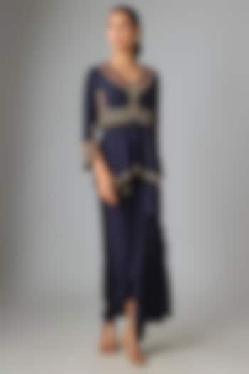 Royal Blue Modal Satin Thread Work Skirt Set by Prisho at Pernia's Pop Up Shop