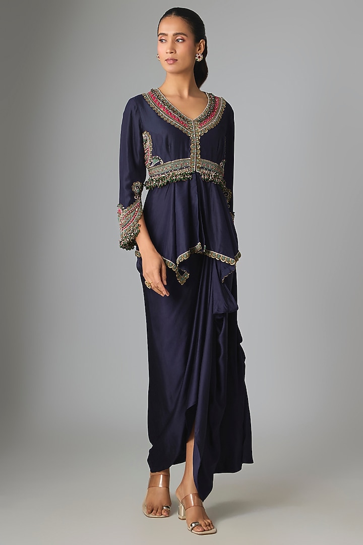 Royal Blue Modal Satin Thread Work Skirt Set by Prisho at Pernia's Pop Up Shop