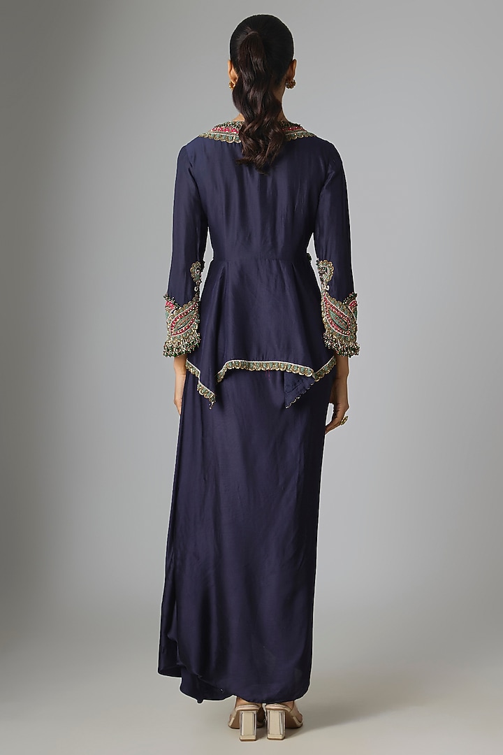 Royal Blue Modal Satin Thread Work Skirt Set by Prisho at Pernia's Pop Up Shop