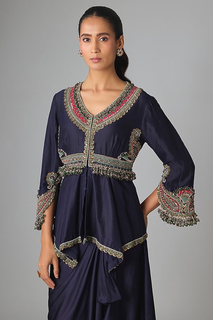 Royal Blue Modal Satin Thread Work Skirt Set by Prisho at Pernia's Pop Up Shop