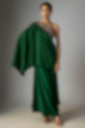 Bottle Green Silk Thread Work One-Shoulder Cape Set by Prisho at Pernia's Pop Up Shop