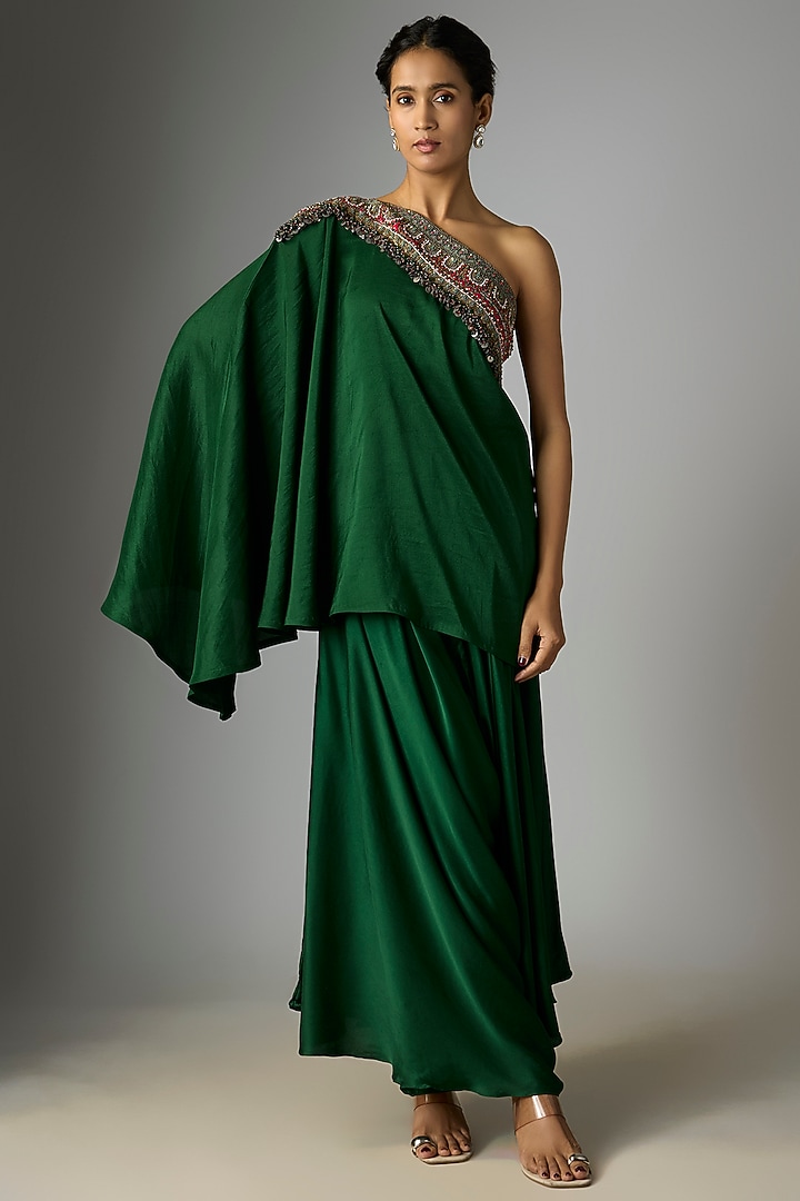 Bottle Green Silk Thread Work One-Shoulder Cape Set by Prisho at Pernia's Pop Up Shop