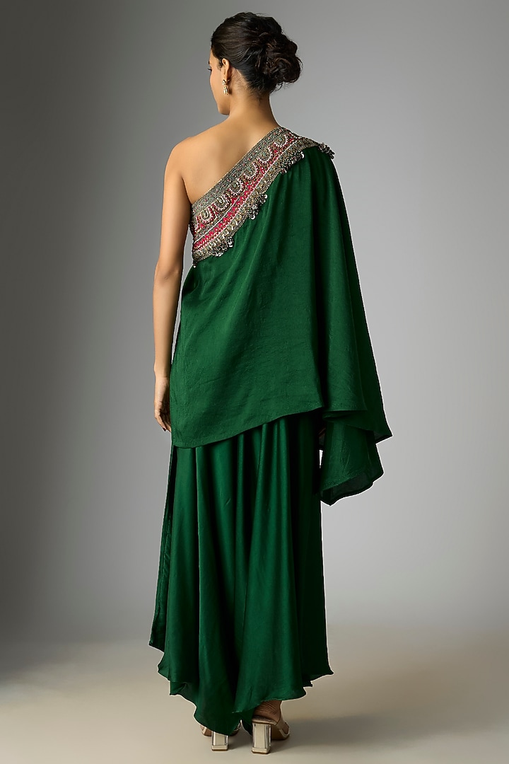 Bottle Green Silk Thread Work One-Shoulder Cape Set by Prisho at Pernia's Pop Up Shop